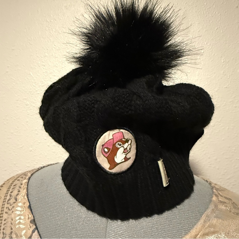 Buc-ees Black Knit Hat with Pom Pom and Patch